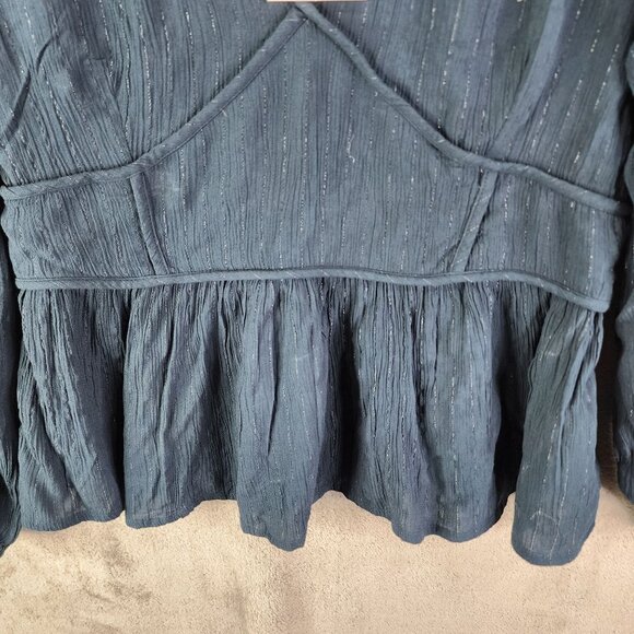 Womens Knox Rose Blue Peplum Top Blouse Long Sleeve V Neck gathered waist XL - Picture 3 of 13